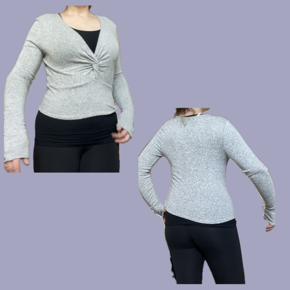 Free People - L - twist front knit top in gray w/ button sleeves.